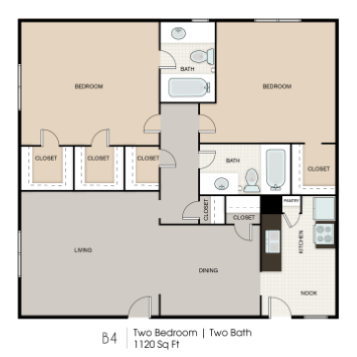 Floor plan for 2 beds, 1 bath, 1120 sqft